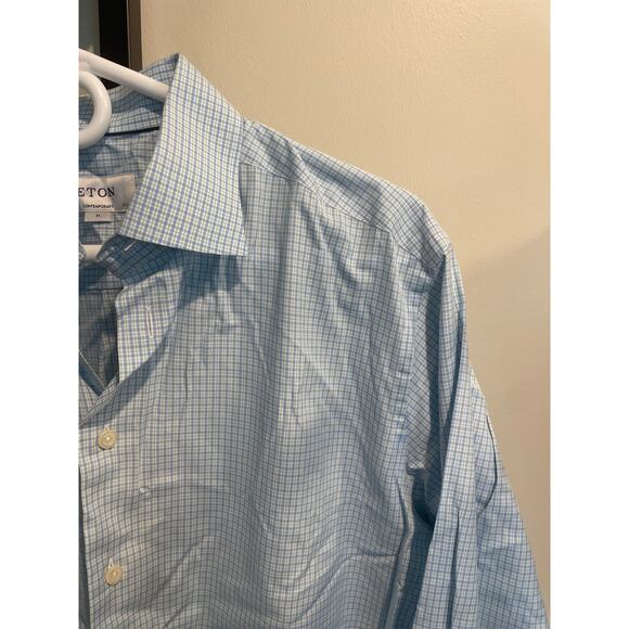 ETON Men's Cotton Plaid Contemporary Fit Dress Shirt Size 44/17.5 Light Blue - Picture 4 of 7